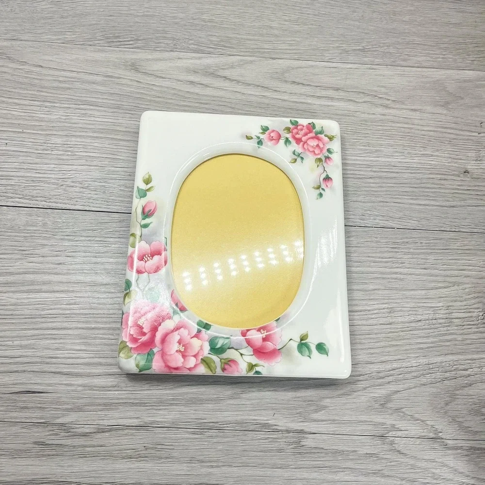 Vintage White Ceramic Picture Frame: Pink Floral Cottagecore Decor